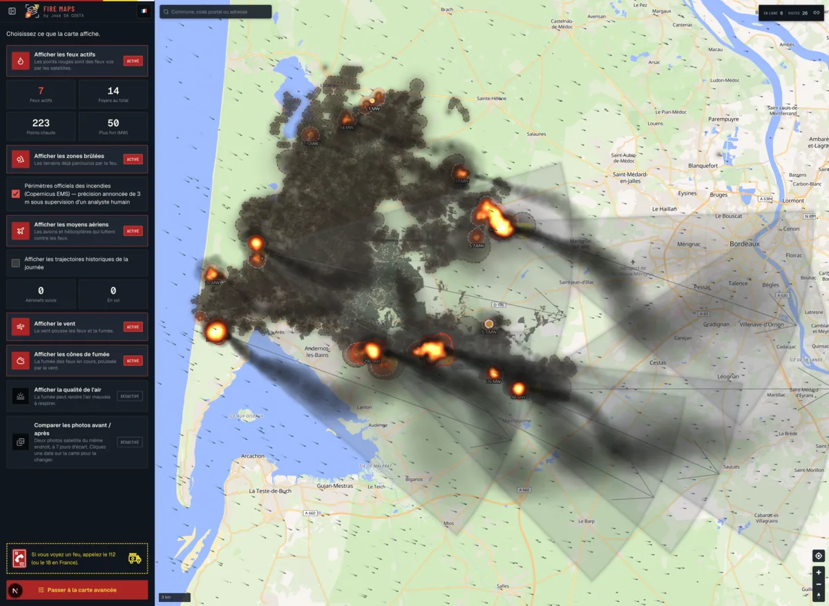 Fire Maps over the Arcachon basin: active fires, burnt areas, smoke cones and wind flow.